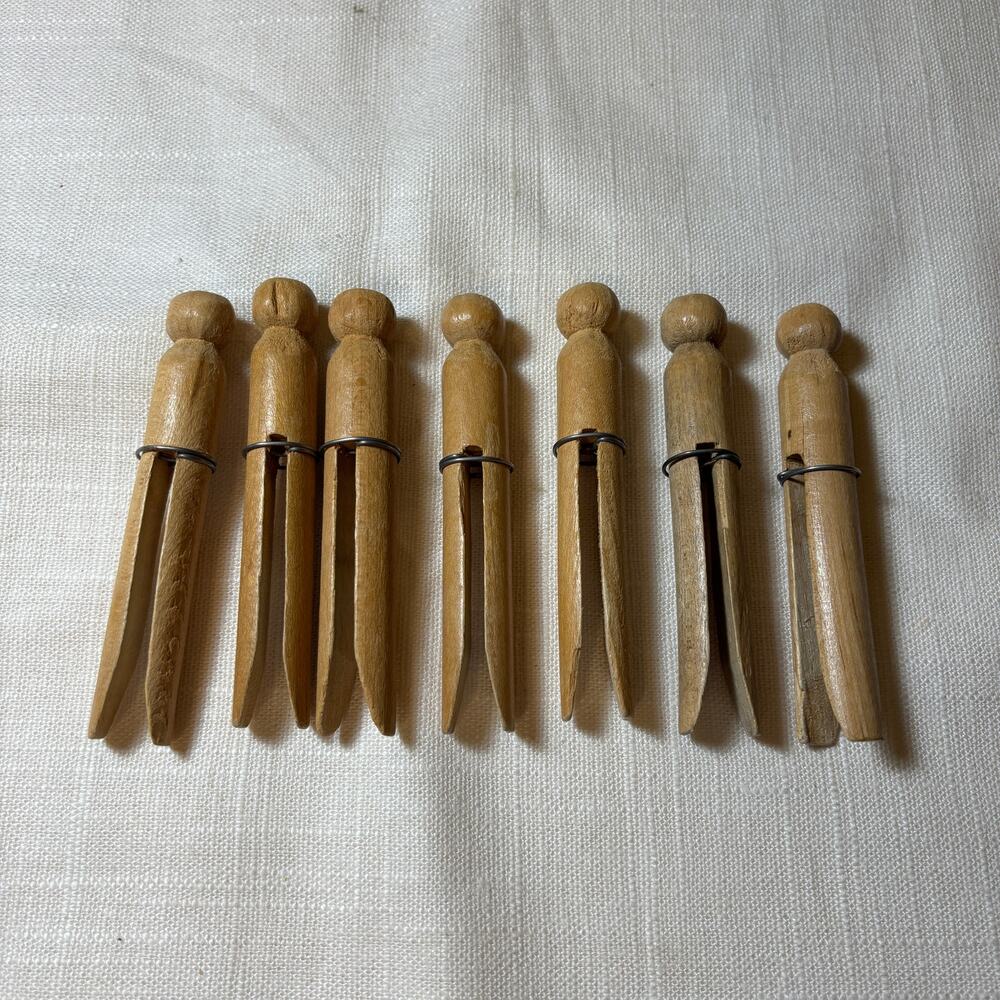 Vintage Wooden Clothespins Lot 7 Round Head Wire Ring Laundry Clothes Pegs